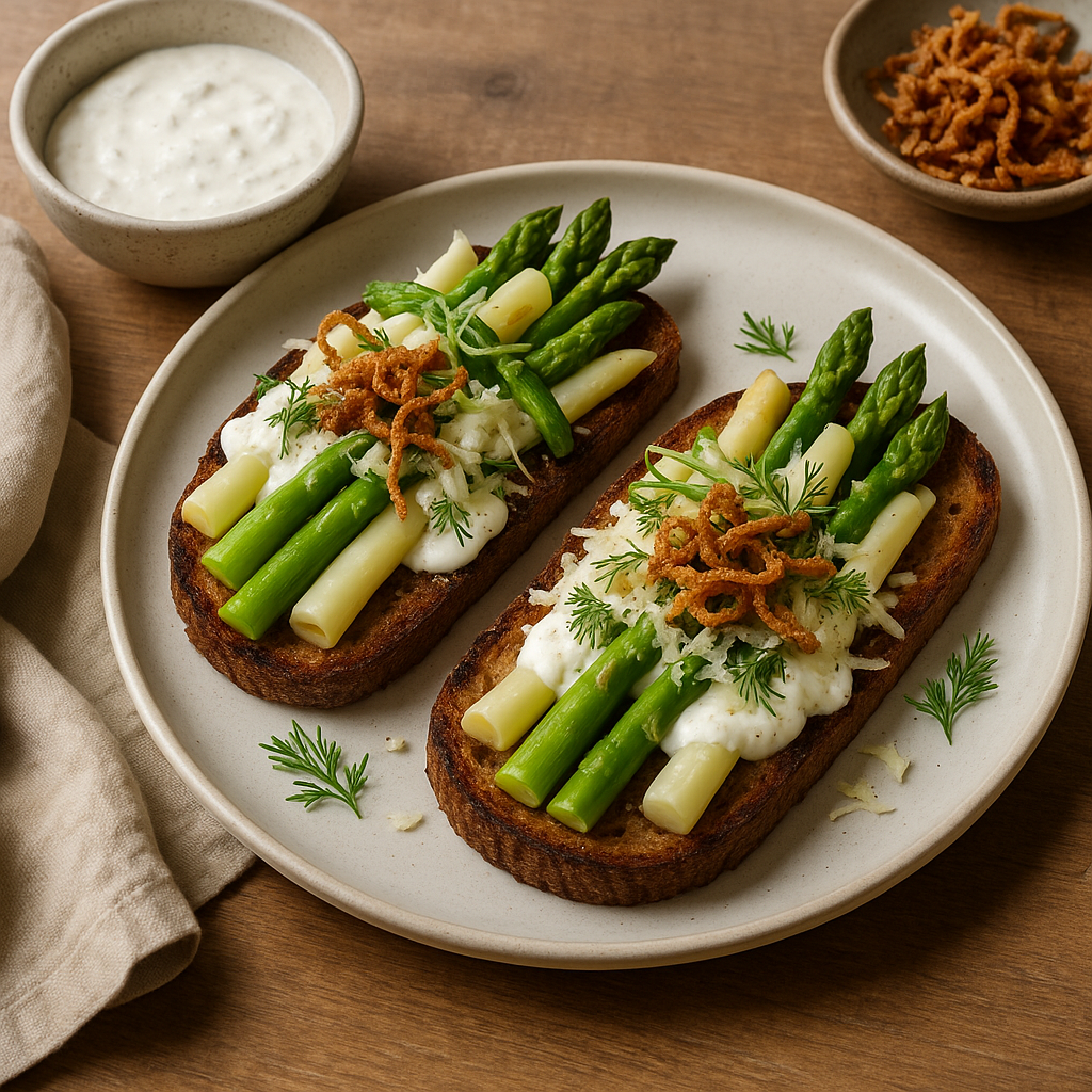 Nordic smørrebrød with asparagus and horseradish cream
