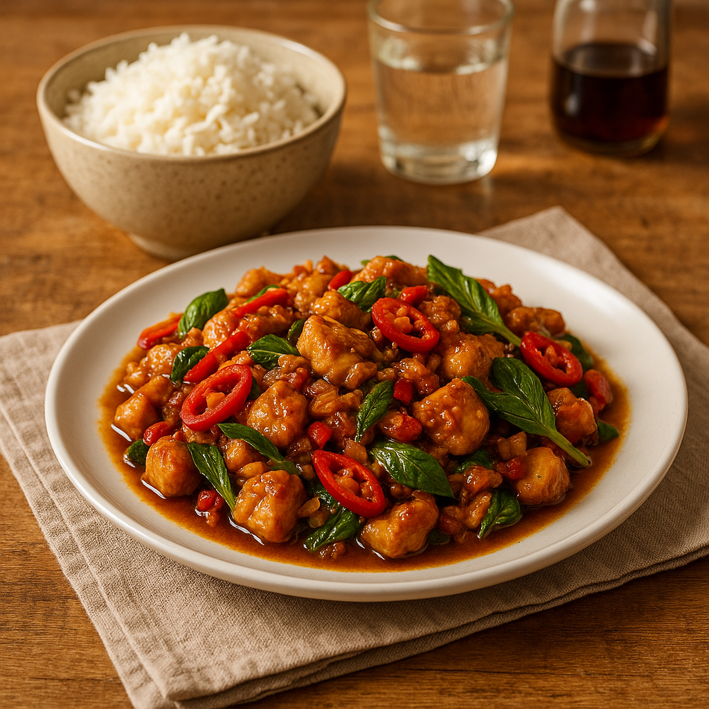 Stir-fried chicken with chillies & basil