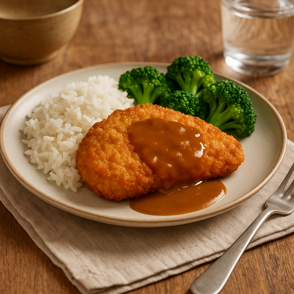 Katsu, rice, broccoli 