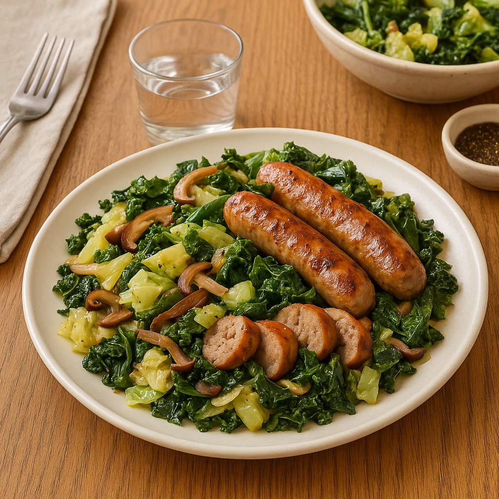 Crispy Sausages and Greens