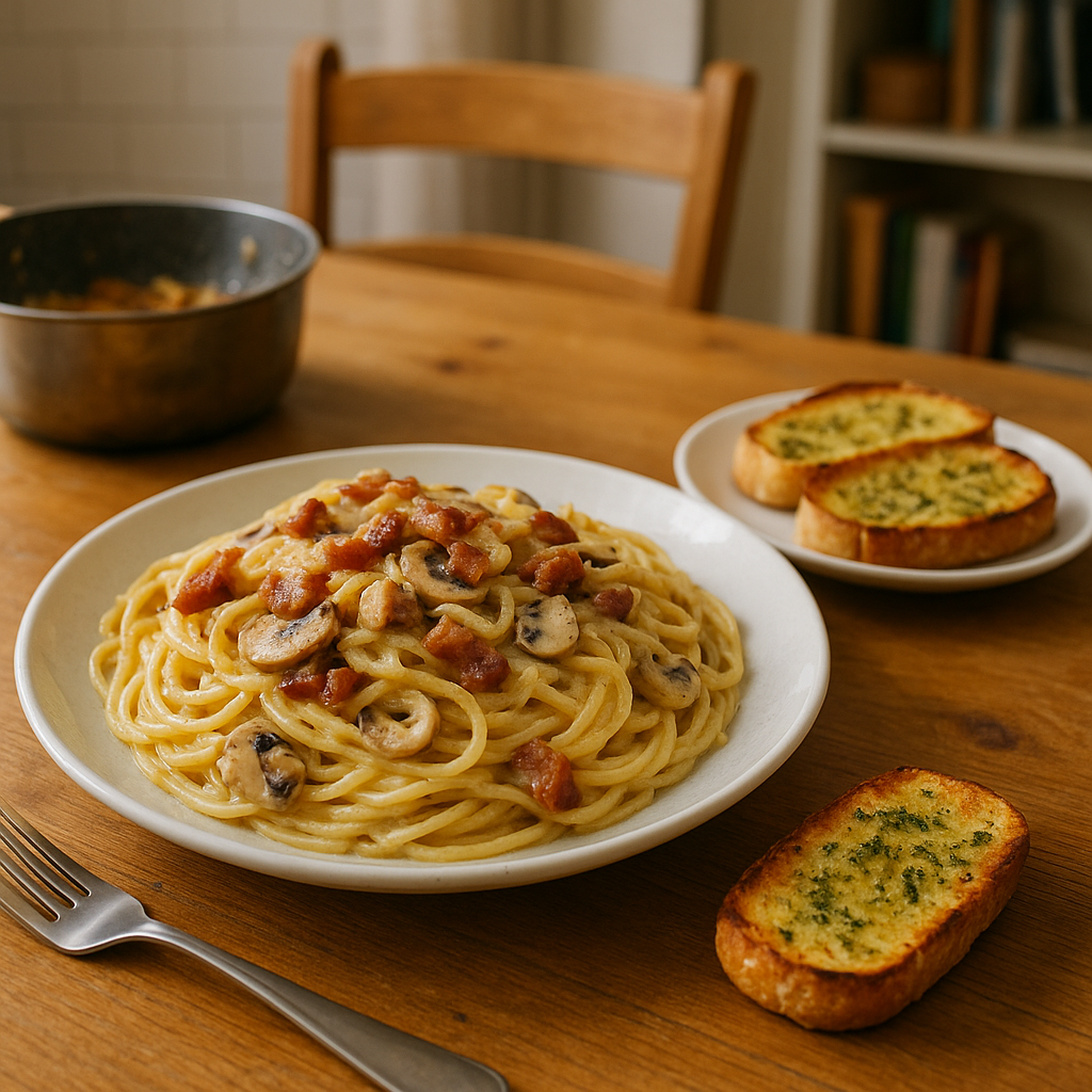 Spaghetti carbonara & garlic bread