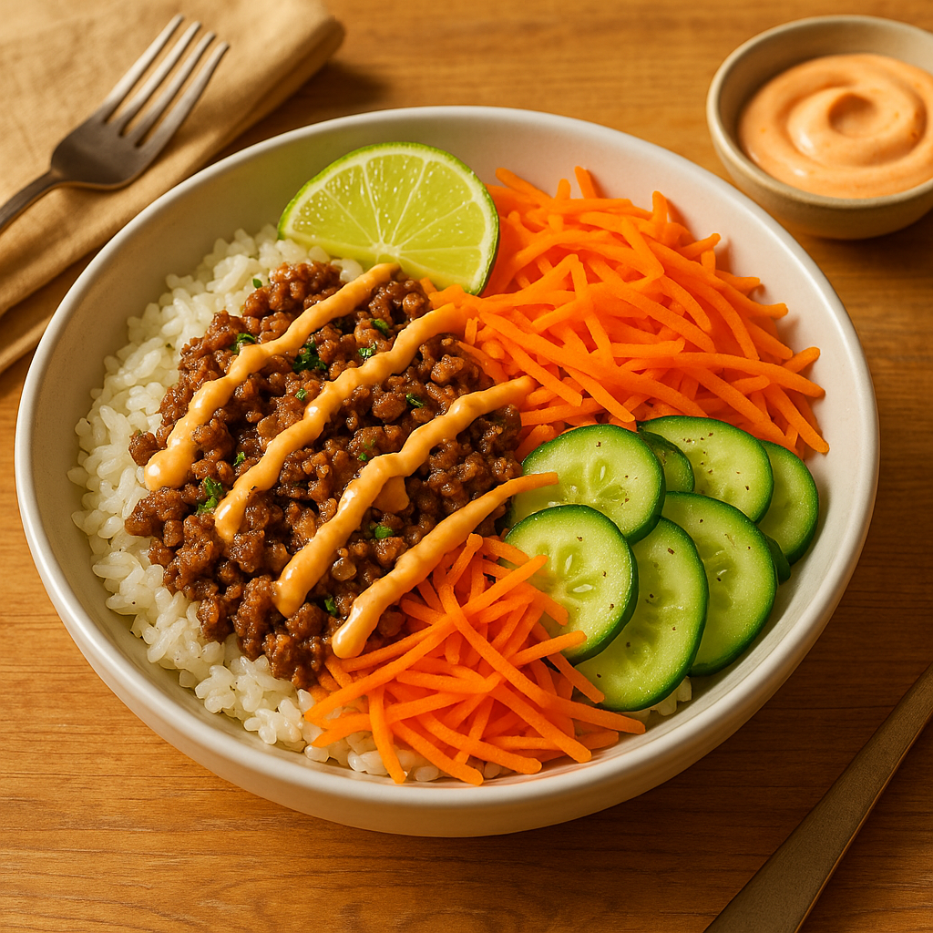 Beef Banh Mi Bowls with Sriracha Mayo, Carrot & Pickled Cucumber