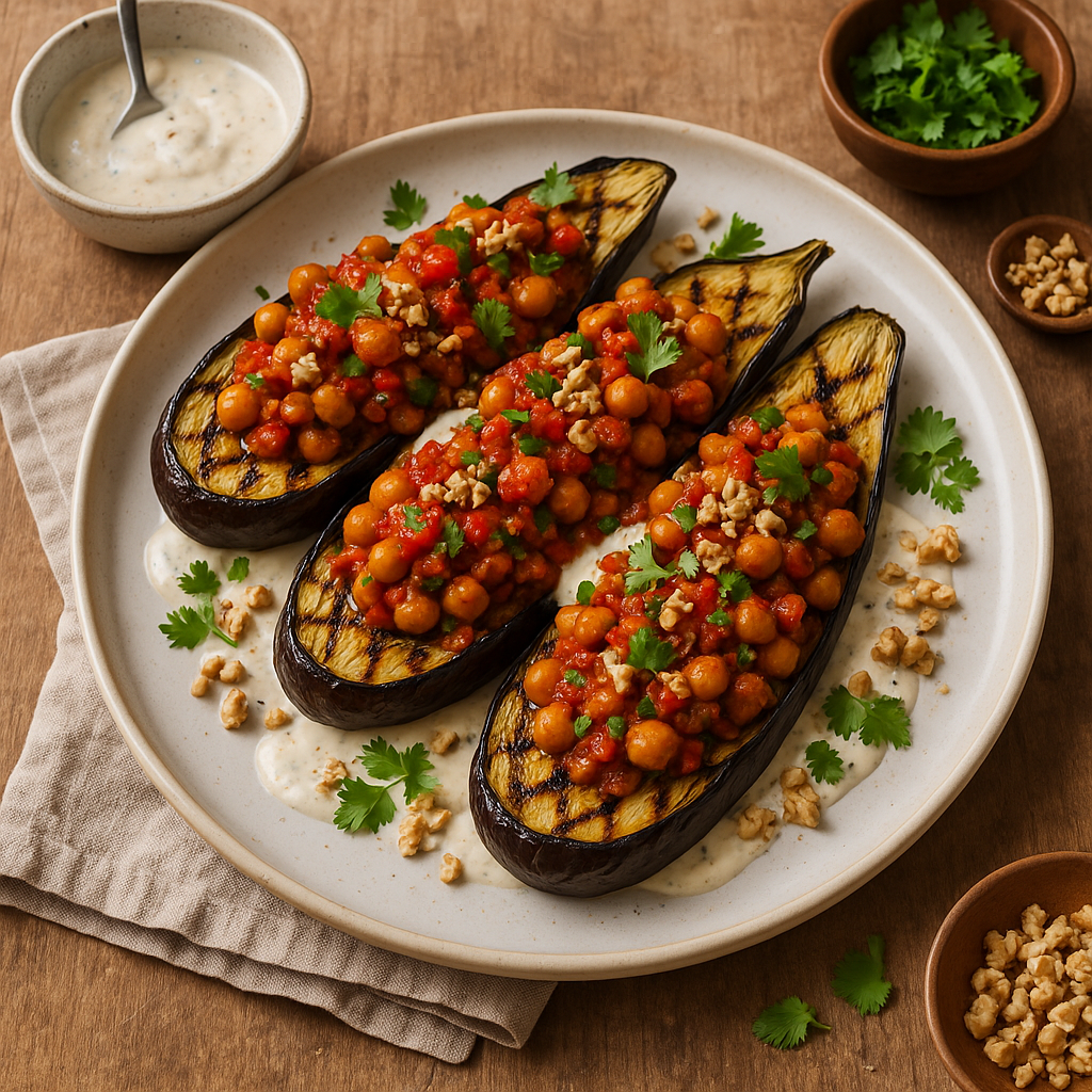 Grilled aubergines with spicy chickpeas & walnut sauce
