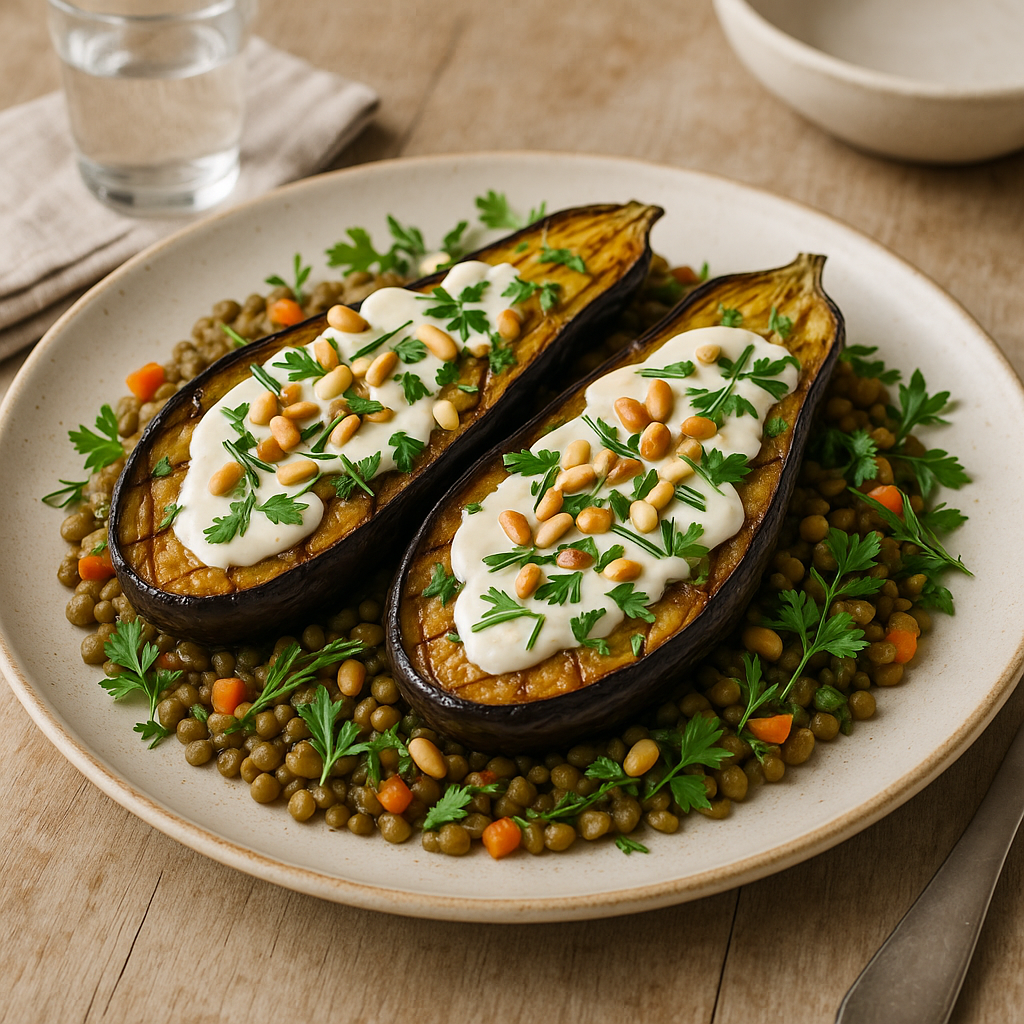 Roasted Eggplant With Tahini, Pine Nuts, and Lentils