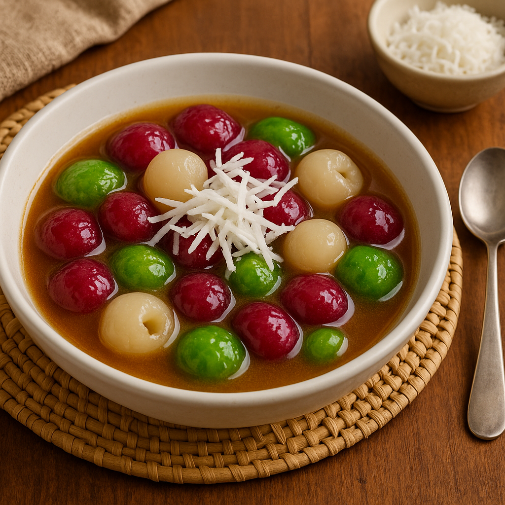 Num E (Sticky Rice Balls in Sugar Syrup and Coconut Cream)