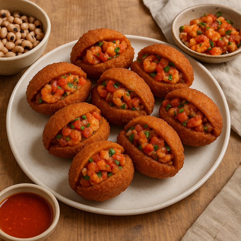 Acaraje black-eyed pea fritters with shrimp filling