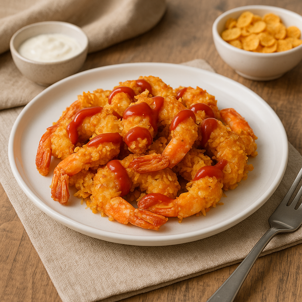 Prawns and corn flakes with cheese
