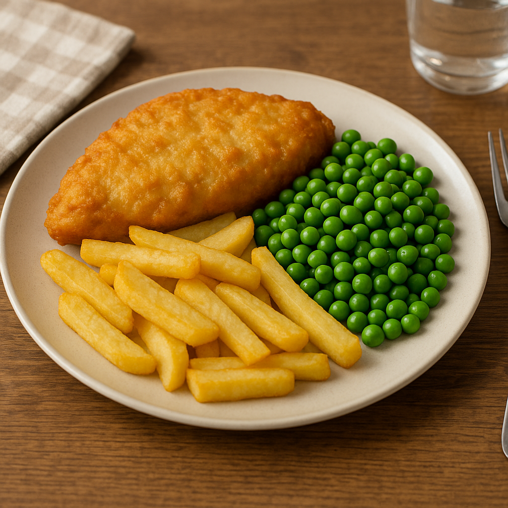 Battered Chicken, chips & peas