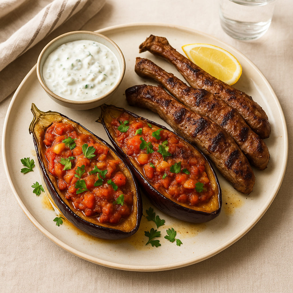 Imam bayildi with BBQ lamb & tzatziki