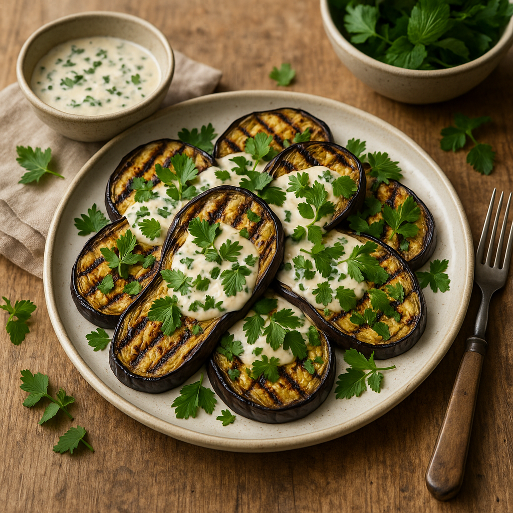 Griddled aubergines with sesame dressing