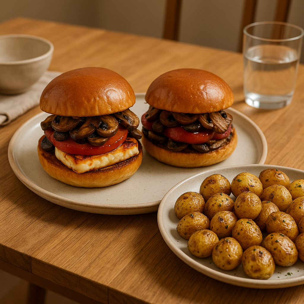Halloumi burgers, mushrooms, pepper, new pots 